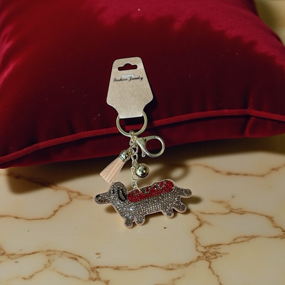 Fashion Jewelry Sparkling Dachshund Keychain with Red and Brown Sparkle - Picture 2 of 7
